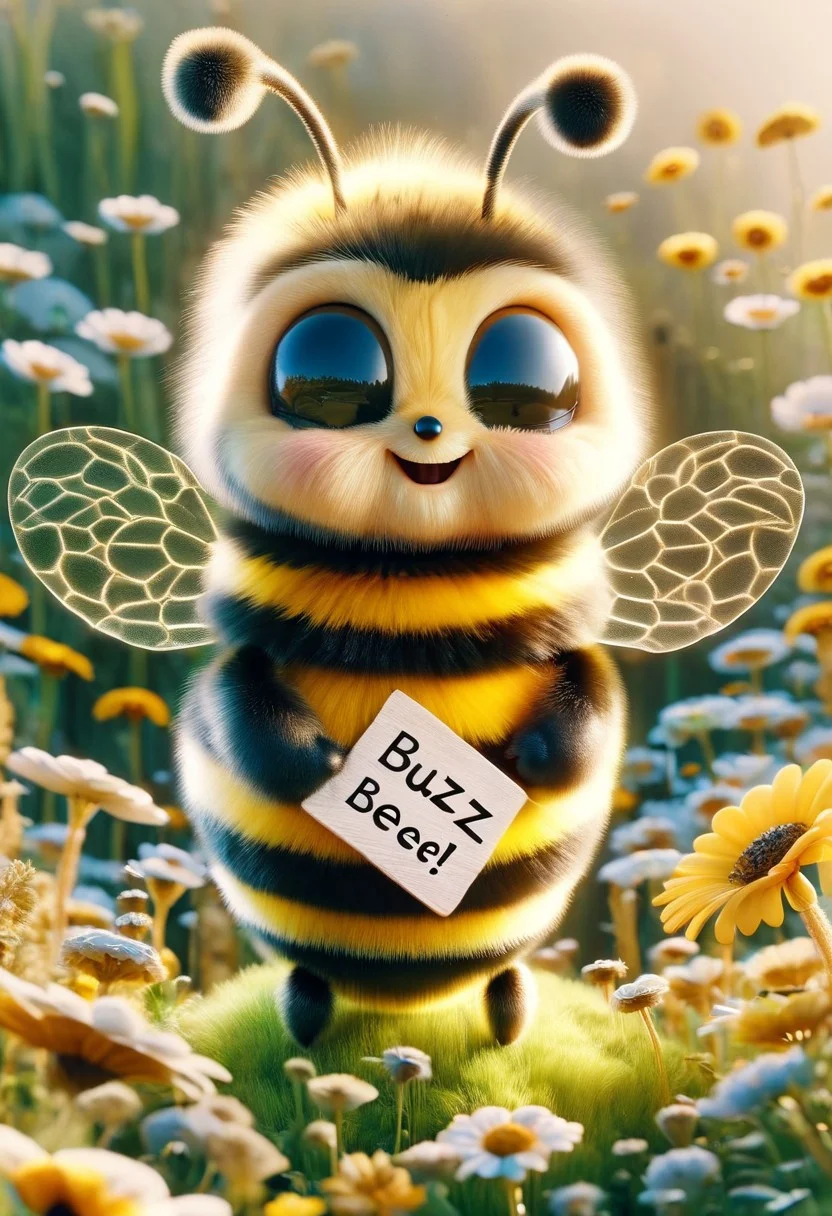 Adorable, fuzzy bee holding a sign which reads "Buzzz?"
ral-smolinzect