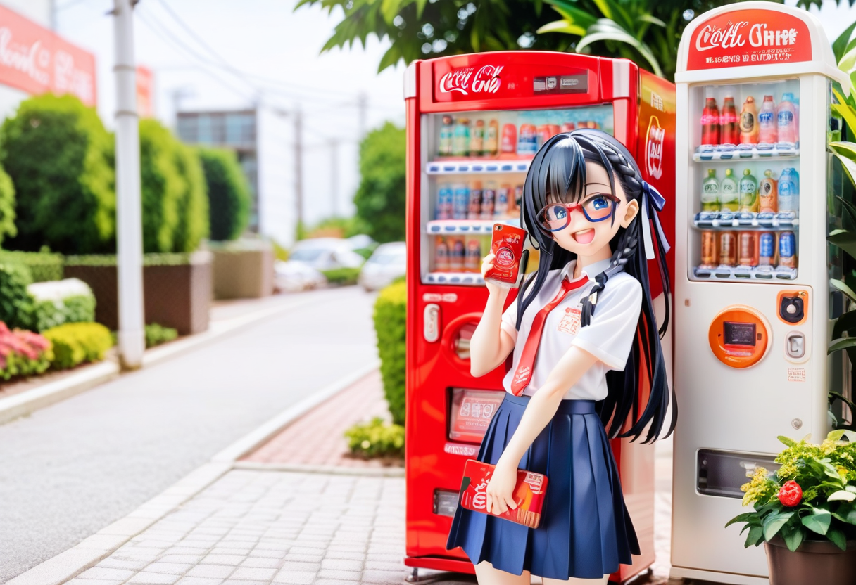 score_9, score_8_up, score_7_up, rating_safe, masterpiece, best quality, absurdres, unity 8k wallpaper, official art, official style, source_anime, uncensored, game cg, megami magazine,
1girl, solo, glasses, black hair, long hair, braid, hair ribbon, collared shirt, red necktie, short sleeves, pleated skirt, blue skirt, looking at viewer, blush, laughing, holding smartphone, standing, 
vending machine, outdoors, building, plant, road, day, coca-cola, utility pole
 <lora:jihanki_PONY_V1:0.8>