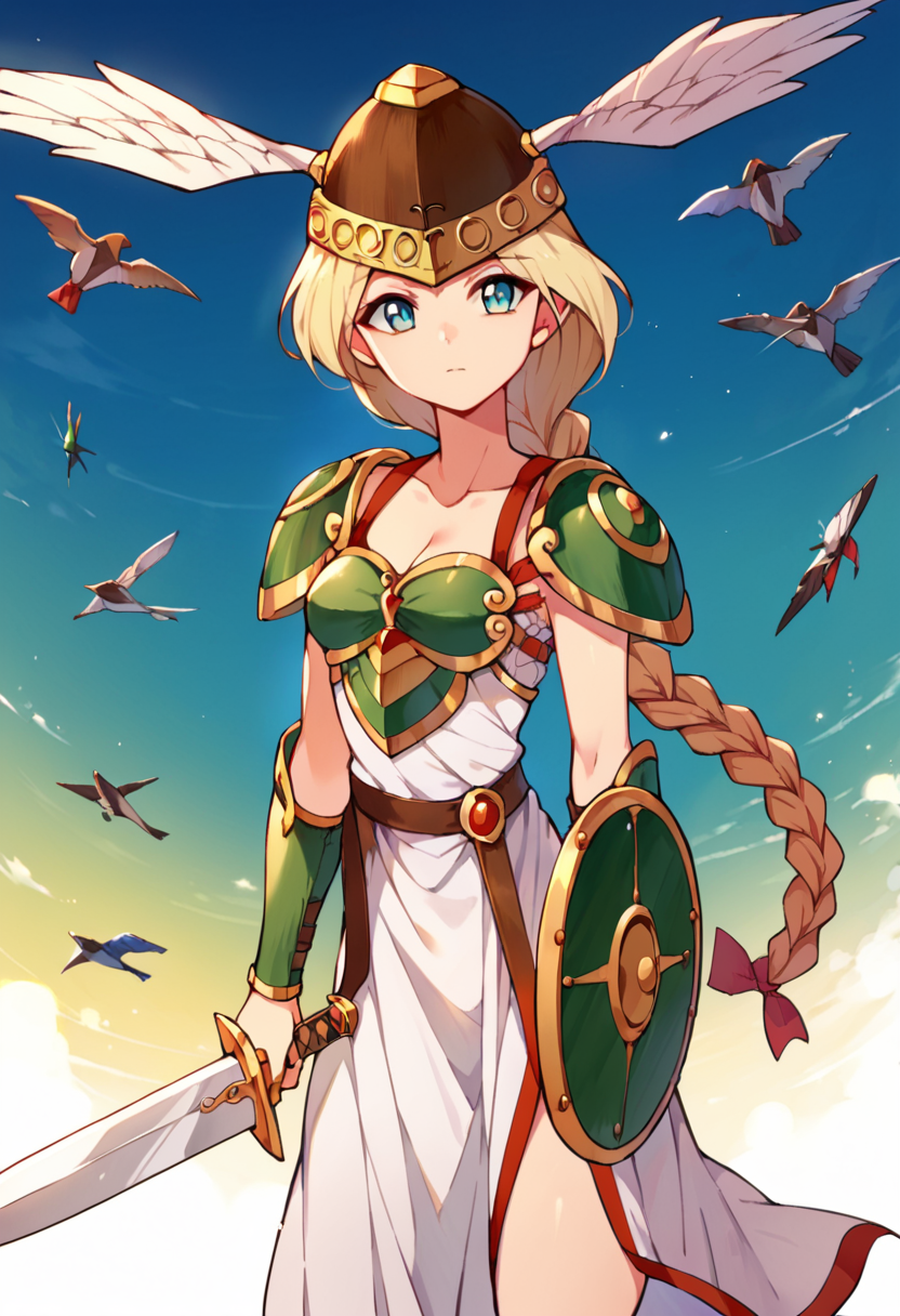 score_9, score_8_up, score_7_up, 1girl, <lora:Namco Valkyrie V4:1>, namcoValk, armored dress, winged helmet, shield, holding sword, braided ponytail, hair bow