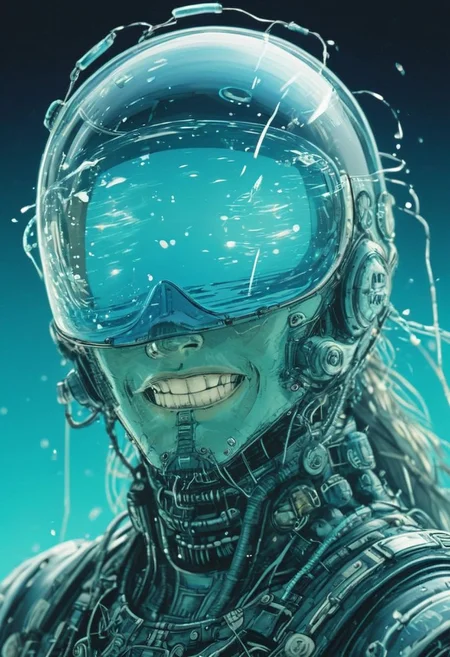 Blue Sky backdrop, Smiling, artialien Made of bold perfect lines, Grignani, Long Hair Made of lines, water Striped By kentaro miura, bold lines, Crystal Blue translucent water, wired-cyborg, mechanical parts, wires, cables, cyberpunk, Snake from Metal Gear Solid with a half robot face, Closeup, cinematic composition, atmospheric haze, very detailed, waterworld, creating a hyperpunk scene with desaturated dark watery translucent Blue and turquoise details, colorful (polaroid:0.7) with vibrant colors, (vacations, high resolution:1.3), (small, selective focus, european film:1.2), (sexual advance:1.1), closeup