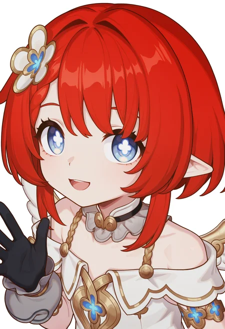<lora:Tribios_illustrious-000030:1>,
Tribios_TIBAO,solo,blue eyes,asymmetrical gloves,white dress,looking at viewer,black gloves,closed mouth,wings,smile,symbol-shaped pupils,white pupil,
upper_body,off shoulder,detached_sleeves,open mouth,waving,red hair,simple_background,white_background