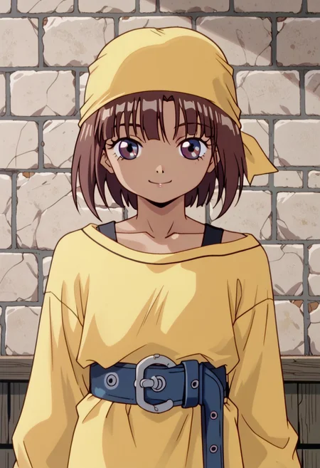 score_8, score_8_up, score_7_up, AWGXS, anime screenshot, retro artstyle,1990s (style), cel animation BREAK 1girl, female focus, solo, Razzy_SCS, dark-skinned female, reverse trap, brown hair, short hair, bangs, brown eyes, yellow bandana, bandana, yellow shirt, long shirt, off shoulder, off-shoulder shirt, long sleeves, black tanktop, belt, buckle, upper body, standing, looking at viewer, smile, indoors, stone wall, stone floor,