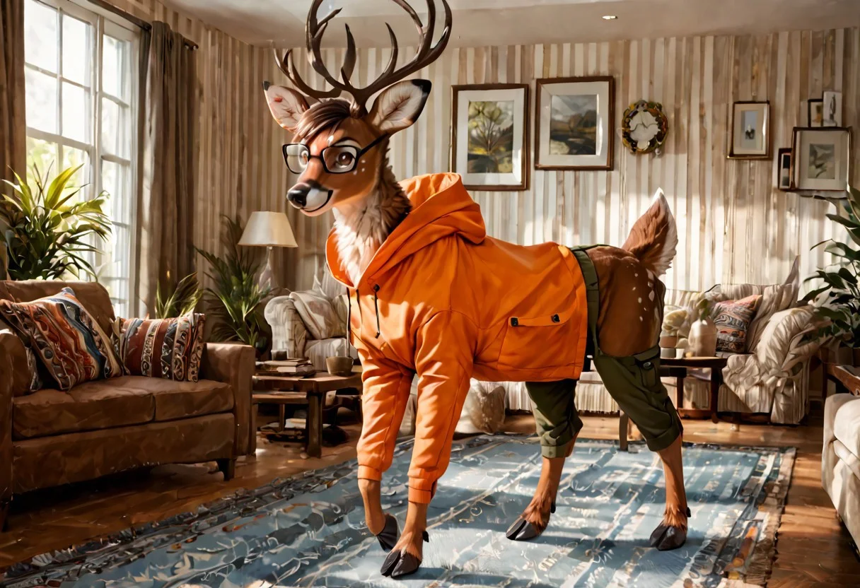 score_9, score_8_up, score_7_up, score_6_up
,
Deer, (clothed feral), (feral), (brown hair, short hair, hair,), (wearing a orange hoodie, cargo pants), (detailed background), living room, modern living room, smile, (male), fur, hair, solo, high quality, pose, furred body, (hooves:1.5), fluffy, (detailed eyes, brown eyes),
,
highly detailed, realistic fur, beautiful, photorealism, photorealistic, dslr, photo, expressive, (eyebrows), full body, (glasses), eyewear, window, shelves, topwear, pawpads, paw pads, dutch angle, relaxed
,
source_photo, walking on all fours, antlers,
