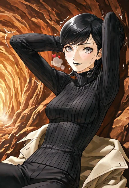HDR, 8K, masterpiece, best quality, amazing quality, high resolution, absurdres, (2d, watercolor \(medium\)), 1girl, solo, (yuko takao, takaosmtiii, kazuma kaneko, kanekostyle, shin megami tensei, atlus, official art), lips, [black lipstick], lipstick, eye shadow, eyelashes, black hair, short hair, (swept bangs), grey eyes, medium breasts, slender, very skinny, narrow waist, toned, pale skin, (sweat stains, sweat, wet, hot, steam, dripping, flushed), calm, casual, (embarrassed), nervous, parted lips, smile, breathing, heavy breathing, looking at viewer, beige coat, coat partially removed, open clothes, black turtleneck sweater, long sleeves, black pants, sitting, leaning back, arms behind head, inside cave, heart, twitching, commentary, dynamic angle, aid291, close up