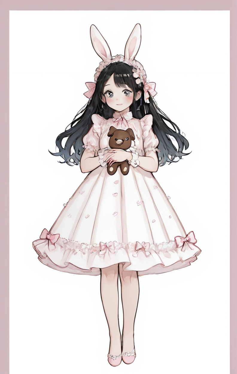 score_9, score_8_up, score_7_up, score_6_up, score_5_up, score_4_up,
 <lora:OverDesignedGirls:.7>
1girl, black border, black hair, border, bunny, dog, dress, flower, grey border, jewelry, long hair, pink border, red border, simple background, stuffed animal playing instruments, stuffed toy, white background