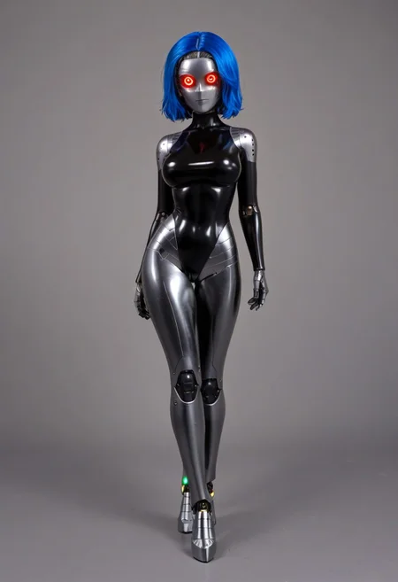 solo, A 35mm full length photo of  a beautiful 20 year old woman, she is a humanoid robot , robotic body, black robotic eyes, freckles, smooth featureless silver grey robotic skin, robotic aerials, metallic dark blue hair, elegant black latex bodysuit with white trim
TheFaceLess