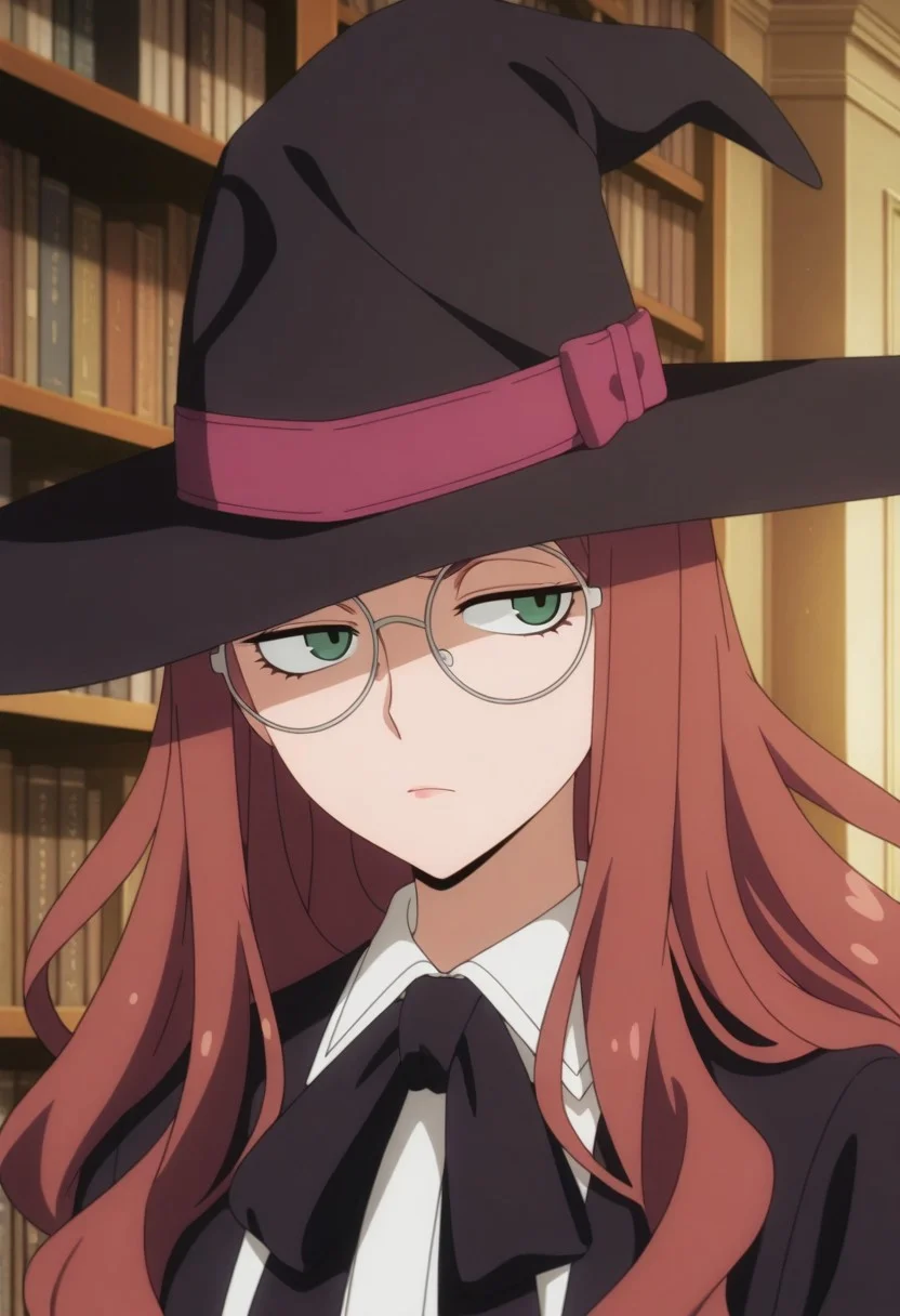 masterpiece,best quality,amazing quality, sylvia sherwood, long hair, reddish-brown hair, green eyes, 1girl, hat, solo, glasses, anime coloring, witch hat, bookshelf, black headwear, indoors