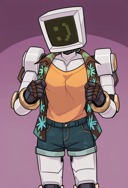 , solo, masterpiece, detailed, uwa, huge filesize, ultra hd, best quality, male focus, (absurdres, highres),
1boy, Calculester_Hewlett_Packard, robot, computer head, :D face, standing, Hawaiian shirt, open shirt, orange T-shirt, jean shorts