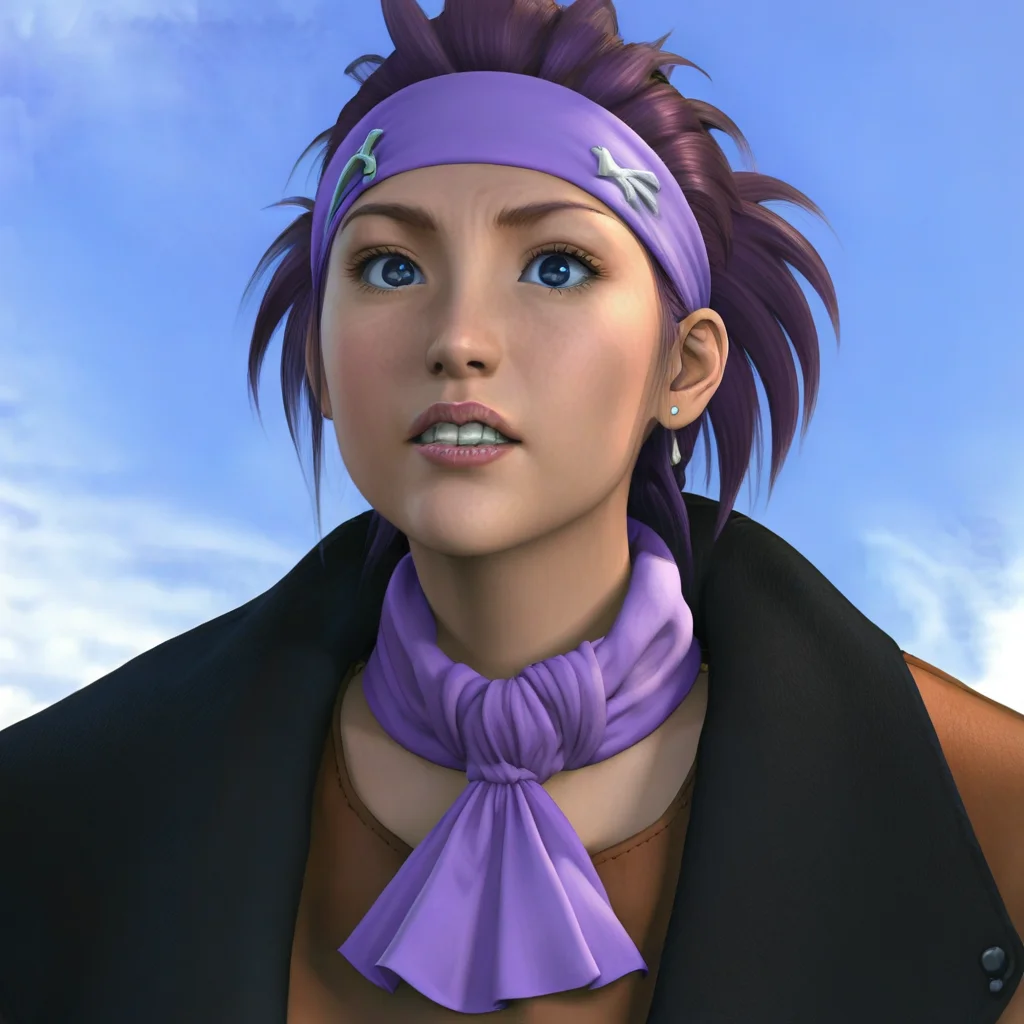 veins, jewelry, hair ornament, day, sky, solo focus, purple hair, ascot, brown hair, lips, headband, hairclip, teeth, blue eyes