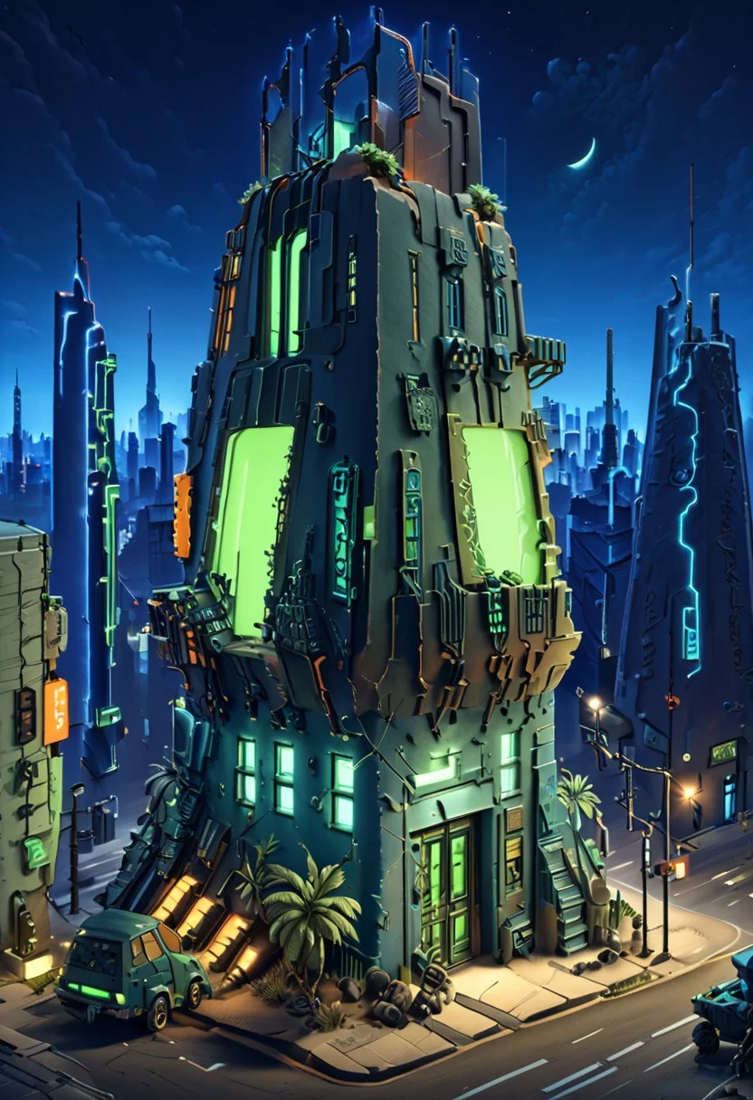 ((masterpiece, best quality)), high resolution, highly detailed, realistic, BREAK,
Necron,electricity, green glow, green theme,
IsometricNeon, outdoors, night, ground vehicle, building, scenery, motor vehicle, city, sign, road, cityscape, multiple others, lamppost, street, skyscraper, city lights, (blue theme), , IsometricDesert, tree, no humans, window, plant, stairs, palm tree, door, potted plant, (white walls, orange roof, tile roof:1),<