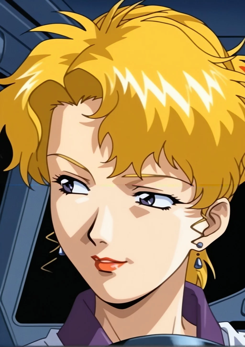 portrait,<lora:Yumi_Okamoto_Illustrious_from_Immoral_Sisters_r1:1>,1990s (style),smile,upper body,lipstick,looking to the side,cockpit,earrings,blonde hair,