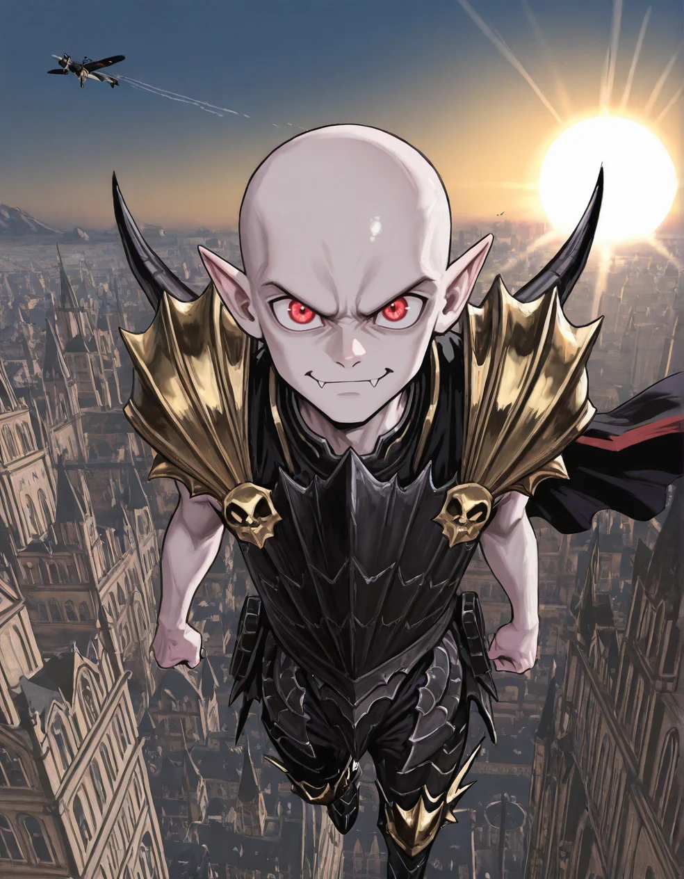 (2D,masterpiece,best quality,amazing quality,very aesthetic,high resolution,looking at viewer,ultra-detailed,1 boy,solo,source_anime,cute,lovely,sun, sunlight,city,azure sky,flight, flying),Mannfred von Carstein,vampire,bare arms,black armor,gold shoulder armor,cape,shine bald,pale skin,glowing red eyes,short_pointy_ears,spike,fang,<lora:Mannfred_von_Carstein:1>, <lora:ValbunStyle-IL:0.4>