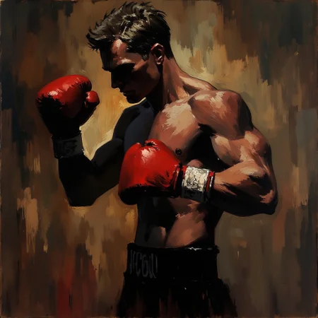 A dramatic oil painting in a realist kinetic style, painted in the bold, expressive style of Steve Huston. It depicts an image of a lean, athletic boxer shadowboxing alone in a dimly lit room. He stands with his fists raised in a boxing guard stance, his elbows tight in at his sides and his fists protecting his face. What can be seen of his face is cast in deep shadow. The figure is sculpted with thick, gestural brushstrokes, highlighting raw energy and motion. Dramatic lighting carves out every muscle and tendon, with deep shadows and stark, pale highlights creating a visceral sense of form. His gloves are made of worn red leather. The background remains loosely abstract, blending into the shadows with painterly depth. The composition radiates the strength and determination displayed by the practice a boxer must put in before he ever steps into the ring. Extremely detailed muscles, dynamic lighting, dark background, upper body focus, side view, extremely detailed, solo. comic art, James Harren.
