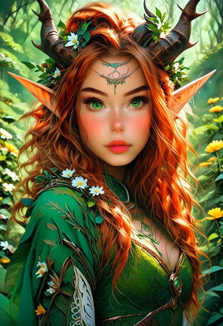 A detailed prompt for this image of a humanoid feminine fairy with a pale mauve skin, intricate pearlescent horns, and multiple eyes, set against a vibrant green background. The fairie face is expressive, with a hint of curiosity and intelligence in its gaze. Its body is covered in intricate patterns and markings, suggesting a complex and ancient culture. The background is filled with flowers andushrooms, creating a sense of mystery and wonder.
The flowers in her hair are a perfect, and they add a touch of femininity to her otherwise magical appearance. The forest is a perfect setting for this image, and it adds to the overall sense of mystery and intrigue.
The fairies wings are sleek and shiny. Full body image, depth of field, pureerosface_v1, hourglass body shape, realistic, redhead, ginger hair, freckles, green eyes, full lips, long hair,, NightElf, in armor, diadem, horns