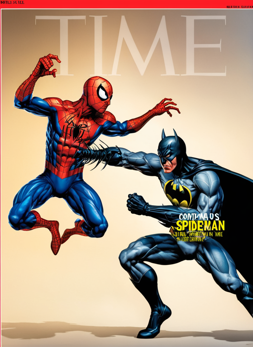 time magazine, spiderman fighting batman, comic style <lora:time_xl:1>