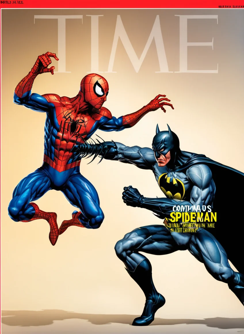 time magazine, spiderman fighting batman, comic style <lora:time_xl:1>