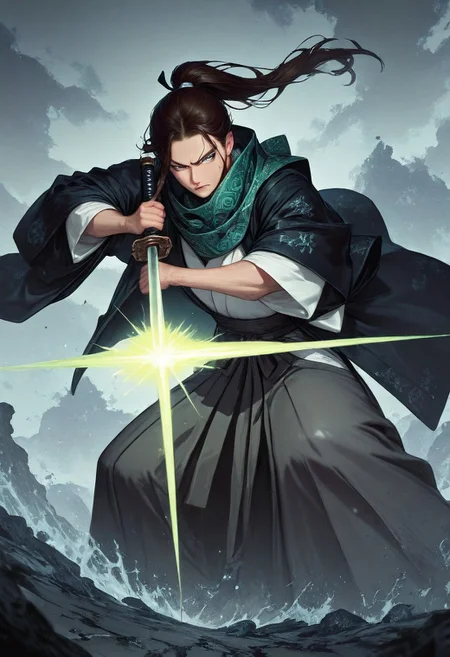masterpiece, best quality,high quality, newest, highres,8K,HDR,absurdres, 1girl, mature female, solo, ponytail, long dark brown hair, front twin braids, short hair fringe, blue-grey eyes, black pupils, serious scowling expression, black and green checker patterned scarf, white kimono, black haori, grey hakama, katana, samurai fantasy battlefield, stormy sky, dynamic pose, intense lighting, detailed background, depth of field, dynamic composition, foreshortening, detailed background, dynamic pose, dynamic composition,dutch angle, detailed backgroud,foreshortening,blurry edges <lora:iLLMythG0thicL1nes:1> G0thicL1nes