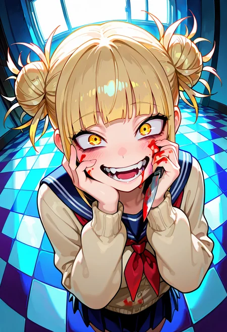 masterpiece, best quality, amazing quality, very aesthetic, absurdres,  newest, scenery, volumetric lighting,  1girl, toga himiko, teeth, open mouth, blood on face, smile, double bun,  crazy eyes, holding knife, hand on own cheek, upper body, school uniform backlighting, from above, dutch angle, , close-up, dutch angle, from above, checkered floor, fisheye, , masterpiece, best quality, amazing quality, very aesthetic, absurdres,  newest, scenery, volumetric lighting