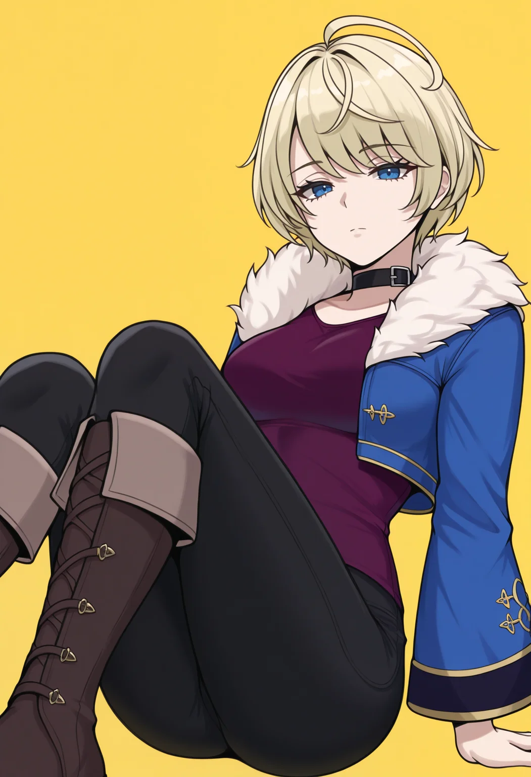 masterpiece, best quality, 1girl, limited palette, expressionless, looking at viewer, knees up, arm support, <lora:MerrinFE-illu:1> casMerrin, blonde hair, short hair, ahoge, blue eyes, black choker, blue jacket, fur-trimmed jacket, cropped jacket, open jacket, long sleeves, purple shirt, medium breasts, black pants, knee boots, brown footwear, yellow background