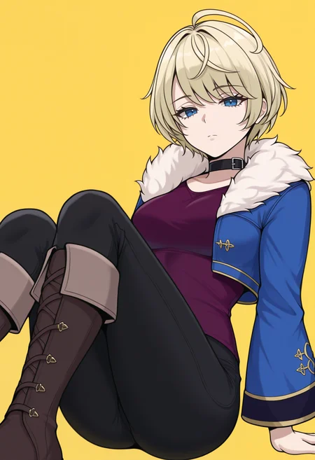 masterpiece, best quality, 1girl, limited palette, expressionless, looking at viewer, knees up, arm support, <lora:MerrinFE-illu:1> casMerrin, blonde hair, short hair, ahoge, blue eyes, black choker, blue jacket, fur-trimmed jacket, cropped jacket, open jacket, long sleeves, purple shirt, medium breasts, black pants, knee boots, brown footwear, yellow background