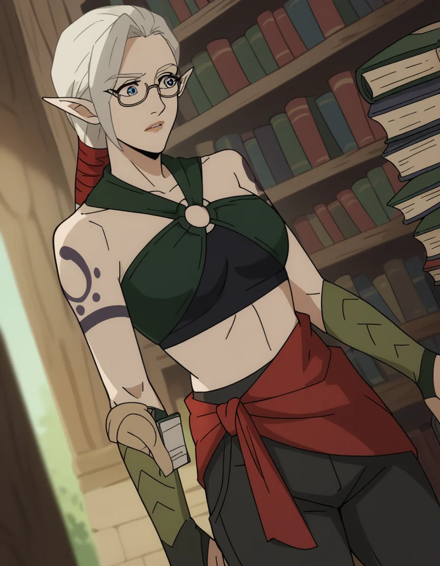 score_9, score_8_up, score_7_up, source_anime, <lora:dota-adara-anime-ponyxl-lora-nochekaiser:1>, adara, ponytail, grey hair, pointy ears, elf, blue eyes,, bare shoulders, midriff, pants, sash, tattoo,, library, reading books, glasses, quiet, focused, shelves of books, , , arm holding a phone, solo,, cowboy shot, dutch angle