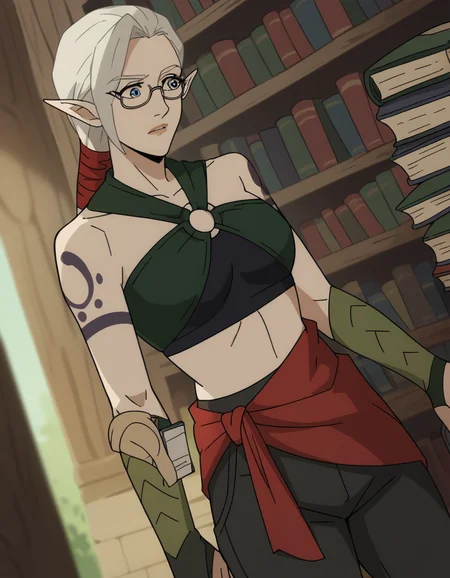 score_9, score_8_up, score_7_up, source_anime, <lora:dota-adara-anime-ponyxl-lora-nochekaiser:1>, adara, ponytail, grey hair, pointy ears, elf, blue eyes,, bare shoulders, midriff, pants, sash, tattoo,, library, reading books, glasses, quiet, focused, shelves of books, , , arm holding a phone, solo,, cowboy shot, dutch angle