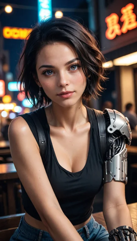 score_9, score_8_up, score_7_up, (Portrait photo), mechanical girl, cute, seductive, innocent, punk hair, short hair, (mechanical arms), black body, glowing led parts, ornaments detailed, sitting outside a pub, neon lights, bright colors, (street night background), (depth of field), (dynamic angle), (fine textures details), (realistic:1.4), (realistic skin:1.4), (sharp), (artistic photo), (analog film grain)