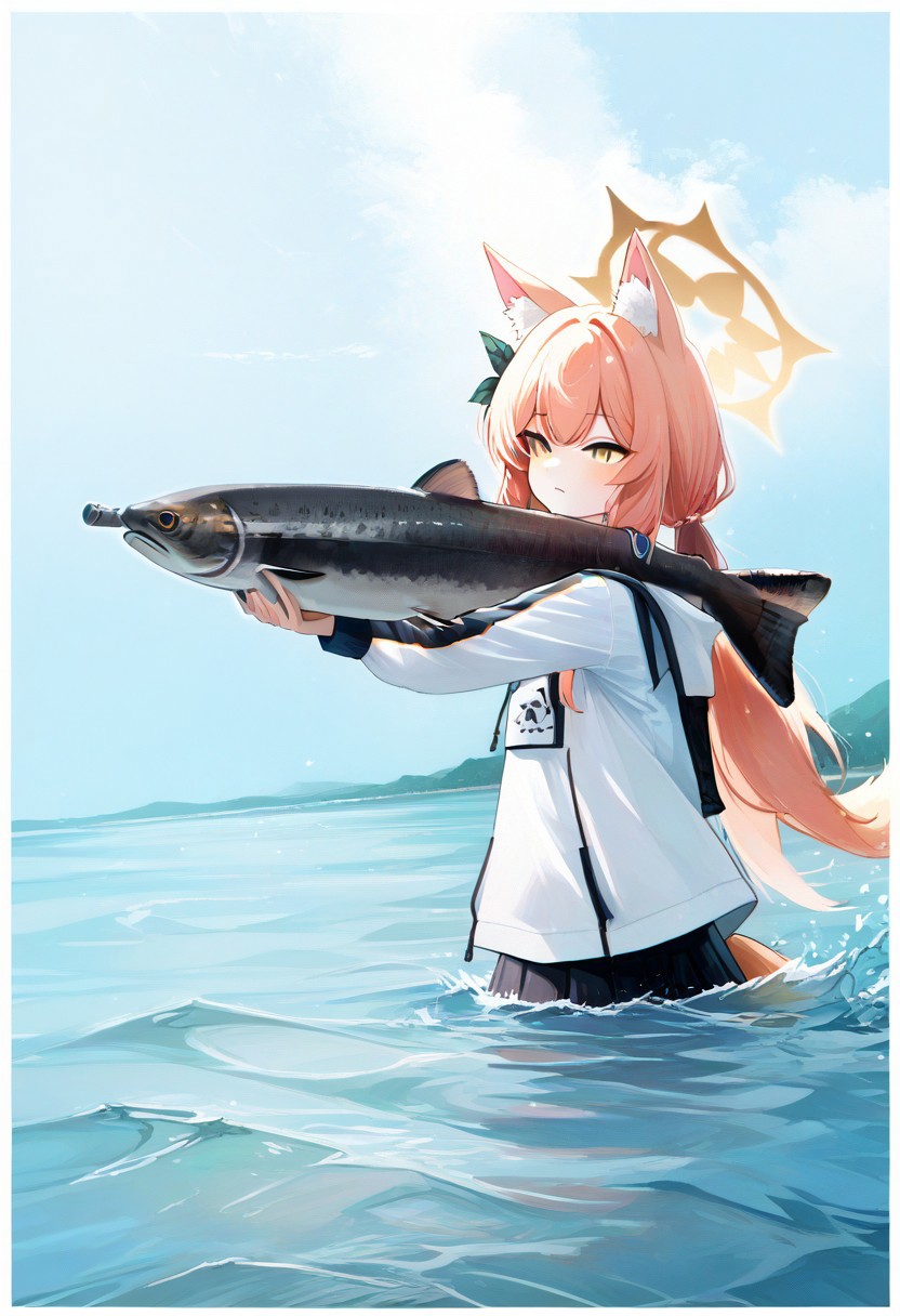 score_9, score_8_up, score_7_up, upper body
easynegative, ncpy45 style watercolor, fox ears,fox tail,Mari_(Blue_Archive), ,holding salmon,outdoor fishing clothes,shotgun