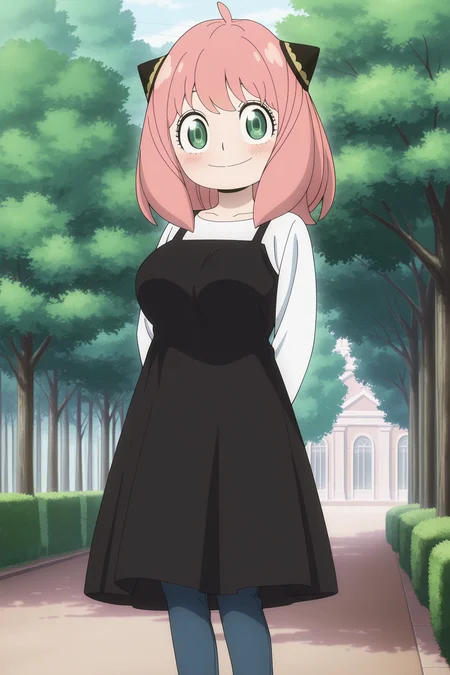 anime screencap, anime coloring, detailed face, masterpiece, best quality, very aesthetic, absurdres, volumetric lighting, official style, amazing quality, ultra detailed,  highres, amazing quality, scenery, beautiful detailed hair, beautiful detailed eyes, 
 <lora:Anya_Forger_Spy_x_Family:1>
outdoors, trees,
mature girl, mature facial features, girl is 25 years old, large breasts,
1girl, anya (spy x family), green eyes, solopink hair, white shirt, jeans, confident smile, looking at viewer, hairpods, black dress, standing, ahoge