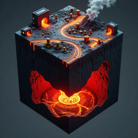 M1CR0CUB3D, aidmafluxpro1.1, A cubed world suspended over a churning lava field. The surface is a scorched wasteland of obsidian and slag, dotted with molten vents and brass automata mining glowing ore. Below, massive smelters process ore into plasma coils in a crimson-lit forge chamber. Use hard contrast, warm color palette of black, orange, and gold. Style: industrial brutalism, cinematic lighting from underneath, volumetric smoke.