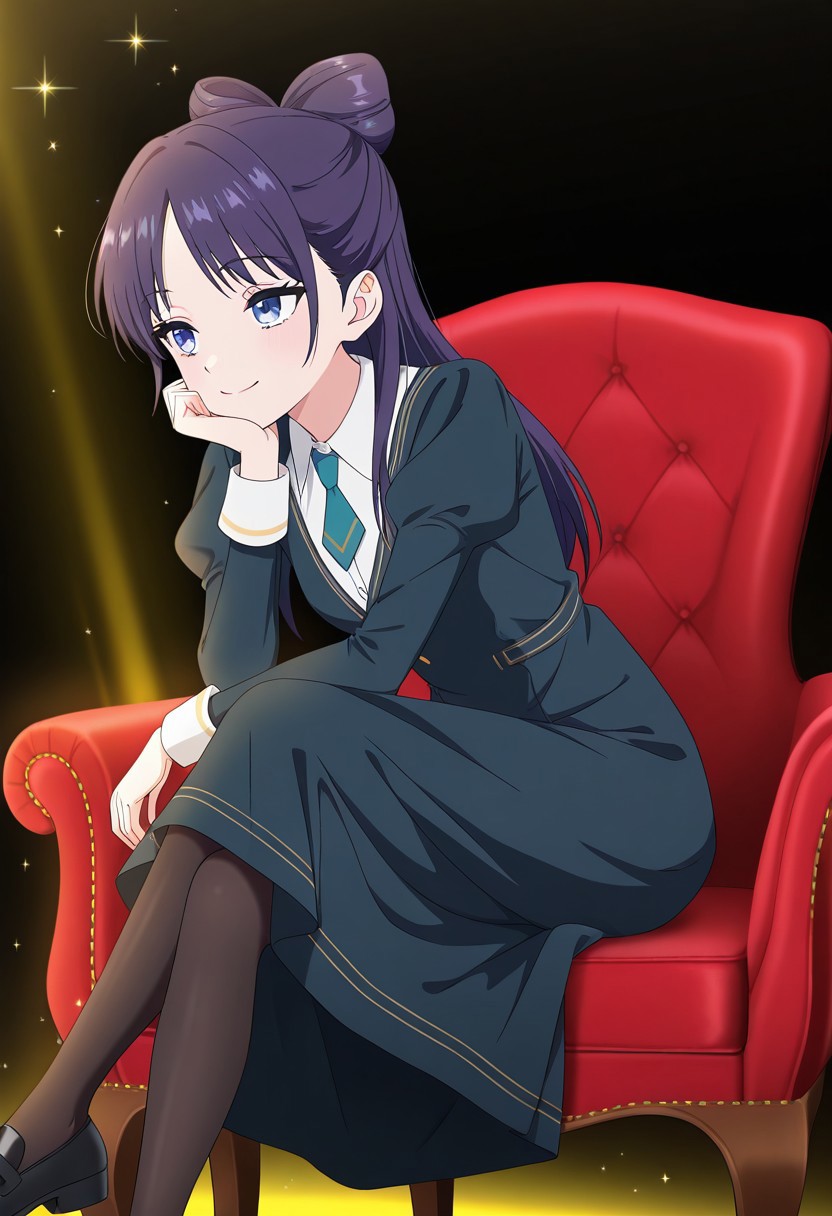 (absurdres, best quality, masterpiece:1.4), amazing quality, highres, newest, detailed, detailed body, detailed face, source anime, anime coloring, beautiful, dark background, petite, on fancy red chair, sitting, yellow light ray, cross legs, hand to own chin, downturned eyes, looking ahead, facing forward, sparkles,
BREAK
WWNemu, 1girl, solo,  smile, NemuAniHu, dark purple hair, bow-shaped hair, parted bangs, half updo, blue eyes, v-neck dress, white inner collared shirt, Short necktie, juliet sleeves, long skirt, black pantyhose, black shoes,