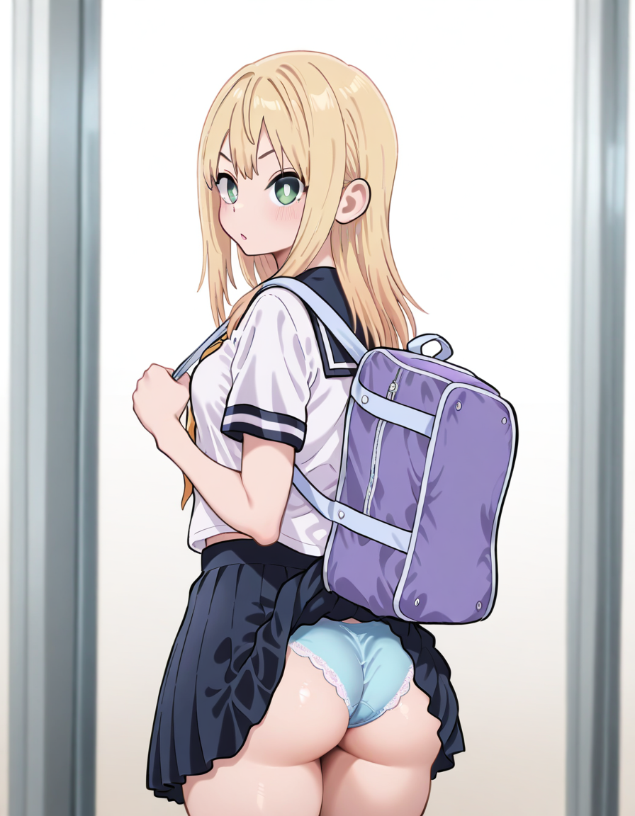 score_9, score_8_up, score_7_up, solo, 1girl, one girl, 
<lora:kyouno_asuka:1>, kyouno asuka, kyouno asuka\(kyouno asuka show\), blond hair, green eyes,
sensitive,
standing, school uniform, school backpack, Panty Shot, outdoor,
<lora:accidentalexposure_Illust_v1:0.8>, accidental exposure, 
skirt lift, skirt caught on object, backpack, panties, accidental exposure, skirt stuck under backpack, looking at viewer, from behind, from side,
masterpiece, best quality, 4k