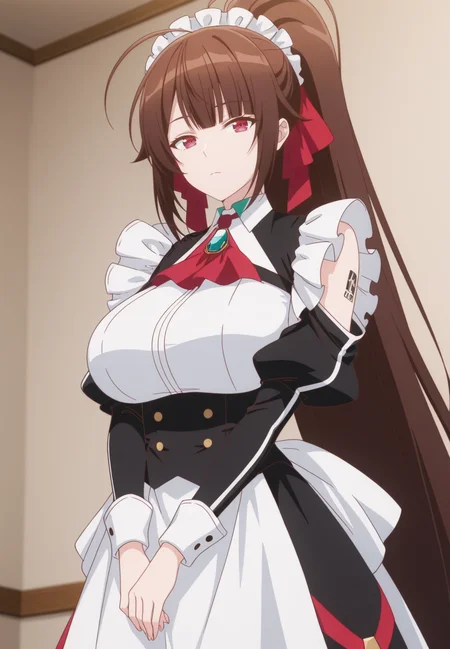 zPDXL3, score_9_up, score_8_up, score_7_up, ,Masterpiece,(perfect female body:1.2), small waist, (incredibly detailed:1.4), beautiful fingers, (large breasts:1.4) huge breasts, looking at viewer, <lora:Amagi_-_Ore_wa_Seikan_Kokka_no_Akutoku_Ryoushu-Kaleid_Illustrious:1> /amagi/, 1girl, very long hair, brown hair, red eyes, ponytail, ahoge, tattoo, hair ribbon, maid headdress, apron, facing viewer,