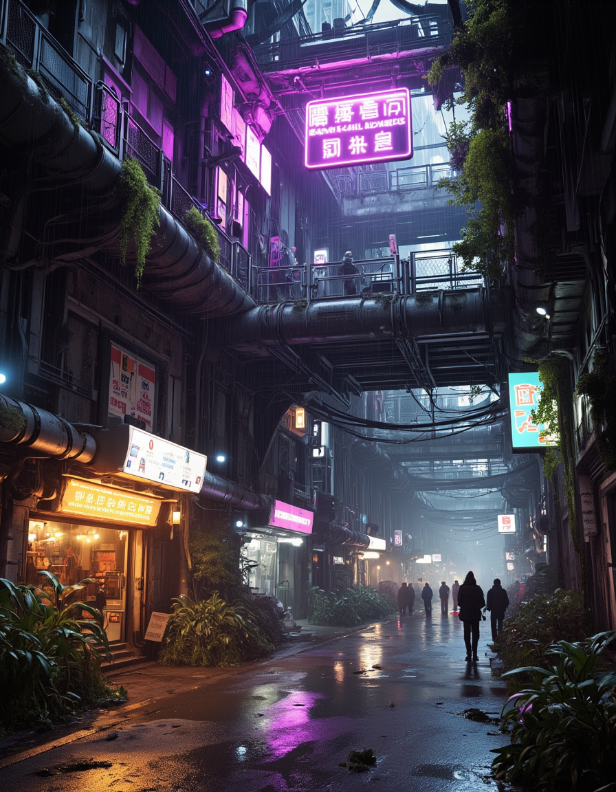 <lora:SWL_Underground1flux:1> photo of sci-fi slum, overgrown arcology, rain-soaked street, flooded corridor, neon purple and green glow, warm shop lights, exposed cables, metal hive megastructure, cinematic lighting, volumetric fog, wet reflective floor, high-tech city, cyberpunk survival, human presence, crowds, immersive environment, photorealistic, vertical scale, dense detail, tortured vegetation, cyberpunk cars, freeway, red kenji, night, storm, sunset rays,
