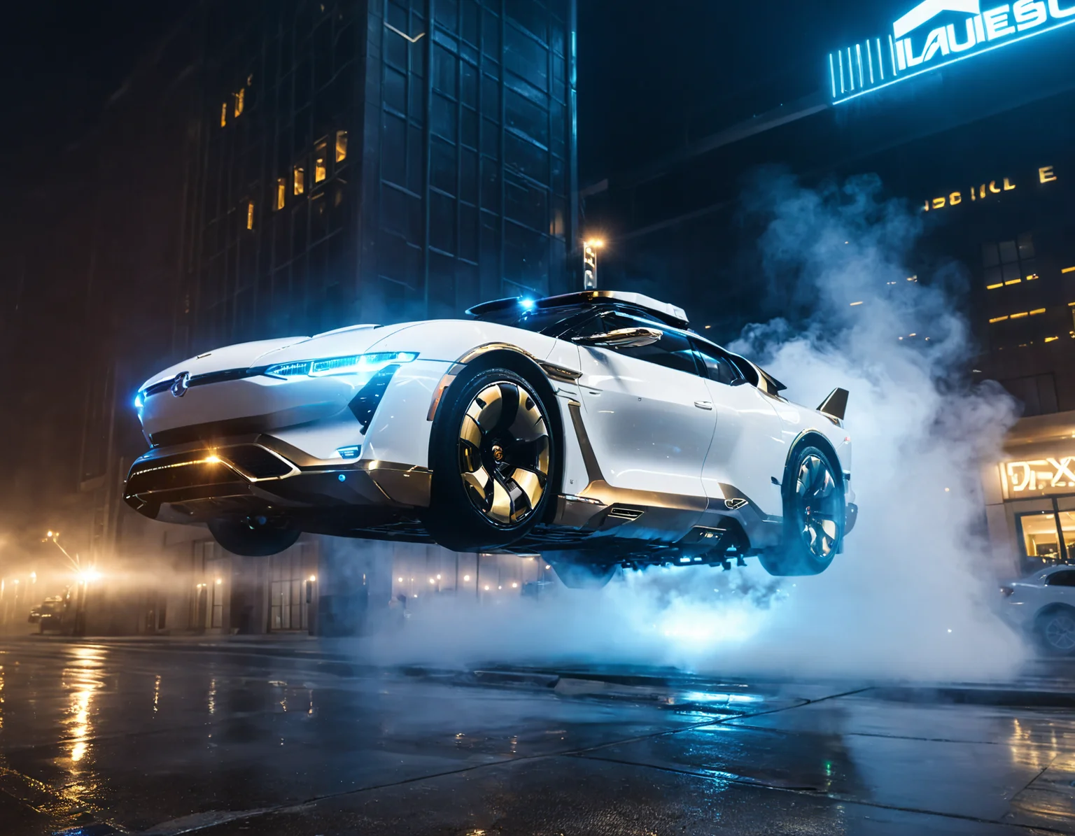 glowing style,glowing particle, white and brass science fiction hovering industrial luxury car by a downtown hotel, science fiction, cinematic lighting, night time, volumetric light, imax, dslr, highly detailed, volumetric fog, dystopian vibes, dutch angle, cinematic angle,<lora:glowing_style_XL_16E_GPmixV_V1.7:1>
