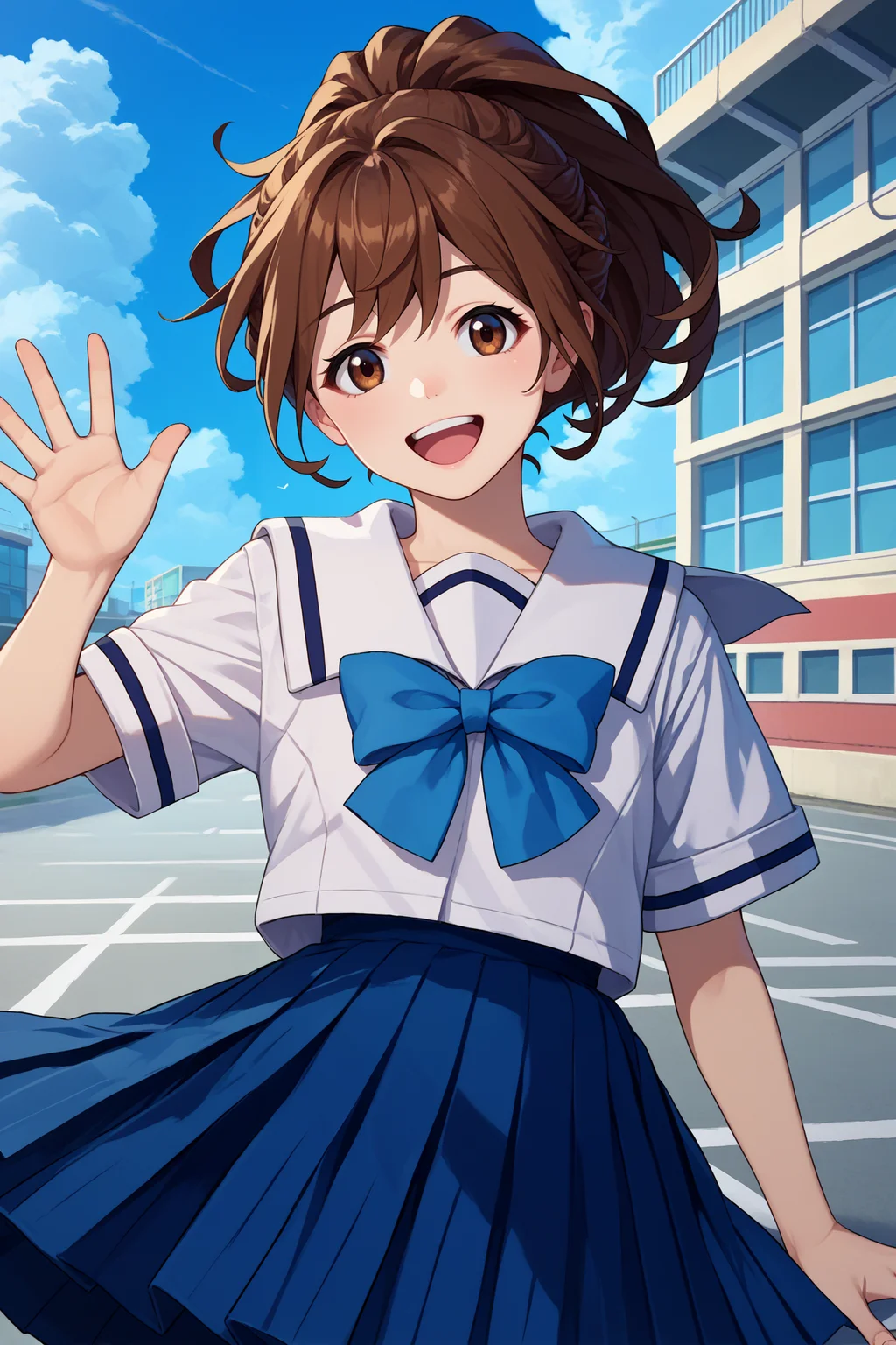 score_9, score_8_up, score_7_up, score_6_up, source_anime, 1girl, solo, <lora:rnakiho-pdxl-nvwls-v1-000005:1> rnAkiho, brown hair, ponytail, brown eyes, white shirt, short sleeves, white sailor collar, blue bow, pleated skirt, looking at you, happy, open mouth, blue sky, clouds, city, waving, upper body