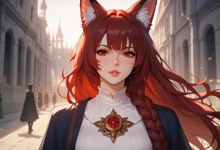 (score_9), (score_8_up), (score_7_up), masterpiece, source_anime, best quality, very aesthetic, epic, absurdres, Zyrnox-Exoterra Style, perfect anatomy, day_time, fantasy, fantasy elements, dark, bright_lighting, horror theme. (1girl, fox girl, knight, no helmet, medieval-fantasy city, portrait), walking towards viewer, long hair, portrait