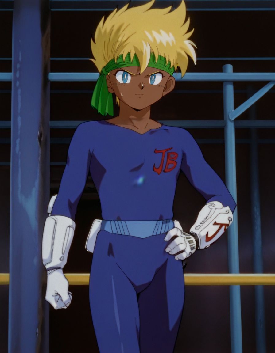 masterpiece, best quality, standing, 1boy, male focus, embarrassed, looking at viewer, hand on own hip,   
<lora:J:1>, Ja1, blue eyes, dark skin, blonde hair, headband, retro artstyle, single white gauntlet, bodysuit,