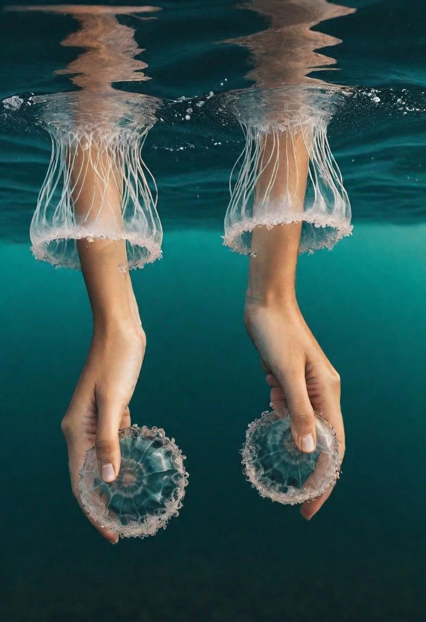 Create a captivating description for a photo featuring two hands reaching down into the ocean from above, gently caressing a jellyfish.