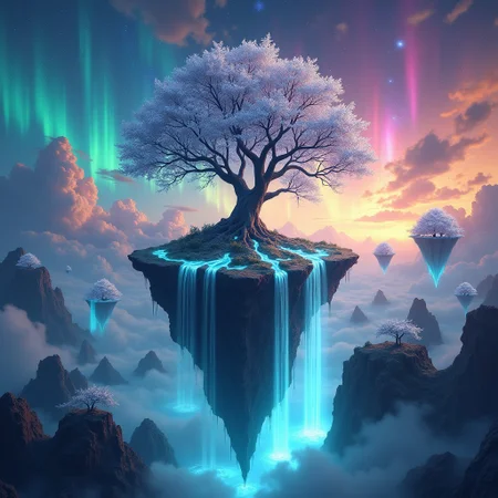 A breathtaking, surreal landscape of floating islands drifting through a vibrant, aurora-filled sky. Each island is covered in bioluminescent flora and sparkling waterfalls cascading into the void below. The islands are connected by glowing, translucent bridges made of crystal. In the foreground, a majestic, ancient tree with silver leaves stands atop the largest island, its branches glowing with ethereal light. The sky above is a riot of colors—deep blues, fiery oranges, and radiant greens—interspersed with swirling constellations and nebulae. The entire scene is bathed in a mystical, otherworldly light, creating a sense of magic and grandeur. 4K, masterpiece, highly detailed