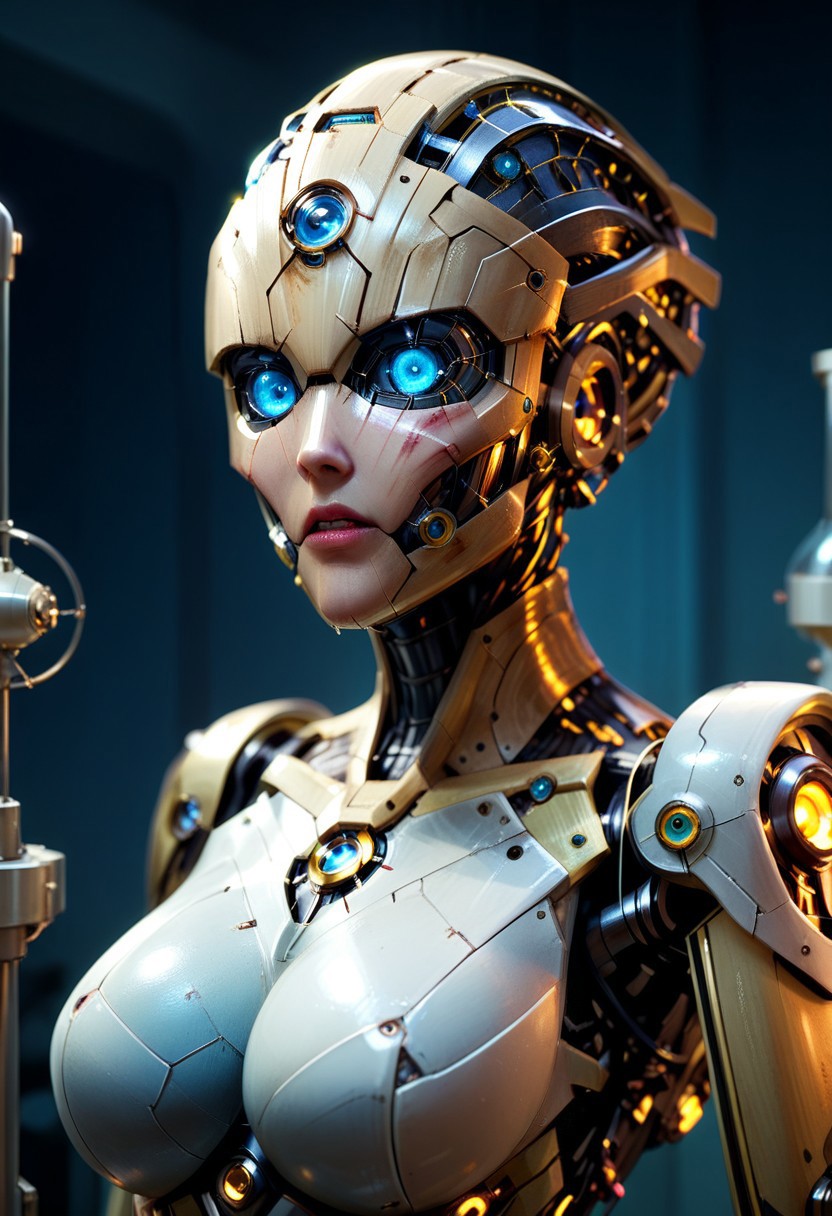 score_9, score_8_up, score_8,
BREAK,
1girl, (Cybernetic face:1.4), (neon blue eyes:1.5), (mechanical face:1.5), large breasts, 
Break, 
(Cybernetic body:1.4), 
Break, 
Break, 
(Standing:1.3), (close-up:1.4), 
Break, 
(Portrait view:1.5), (blurry background:1.3), (head and chest focus:1.5)
Break,
(Playful expression:1.5), ()
Break, 
(Laboratory in background:1.5), dramatic chiaroscuro lighting, (8KHD), (painstakingly detailed),  verybadimagenegative_v1.3,