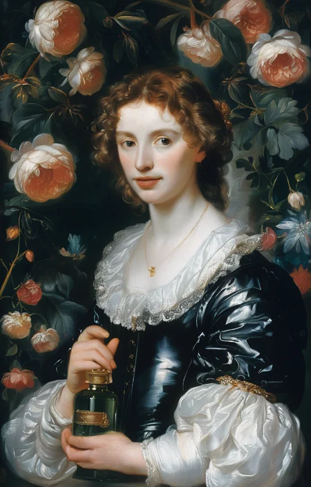 masterpiece,best quality,<lora:tbh218-sdxl:0.9>,illustration,style of Anthony van Dyck A bottle of perfume in garden