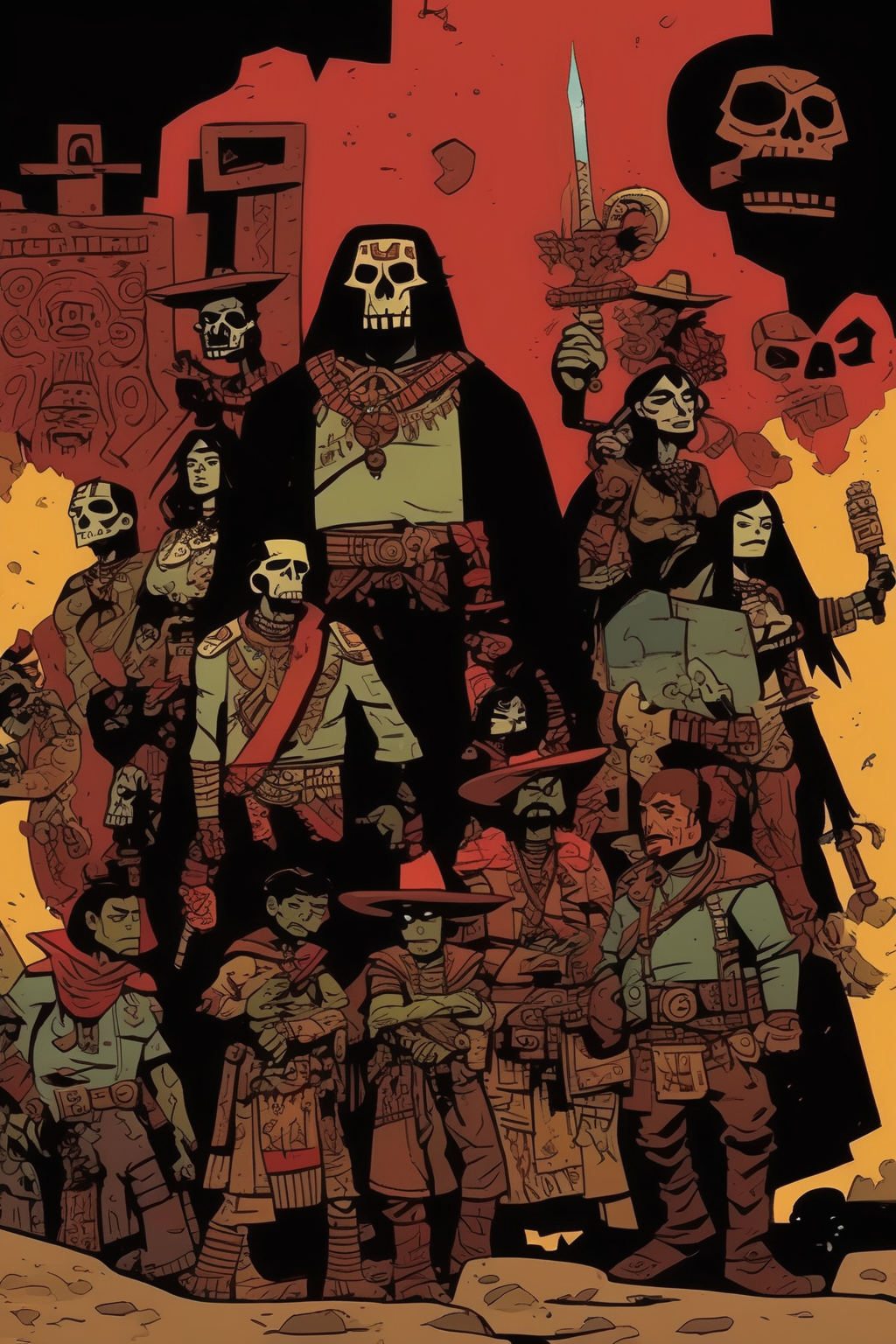 <lora:Mike Mignola Style:1>Mike Mignola Style - Cortez's expedition to the Aztecs drawn in the style of comics