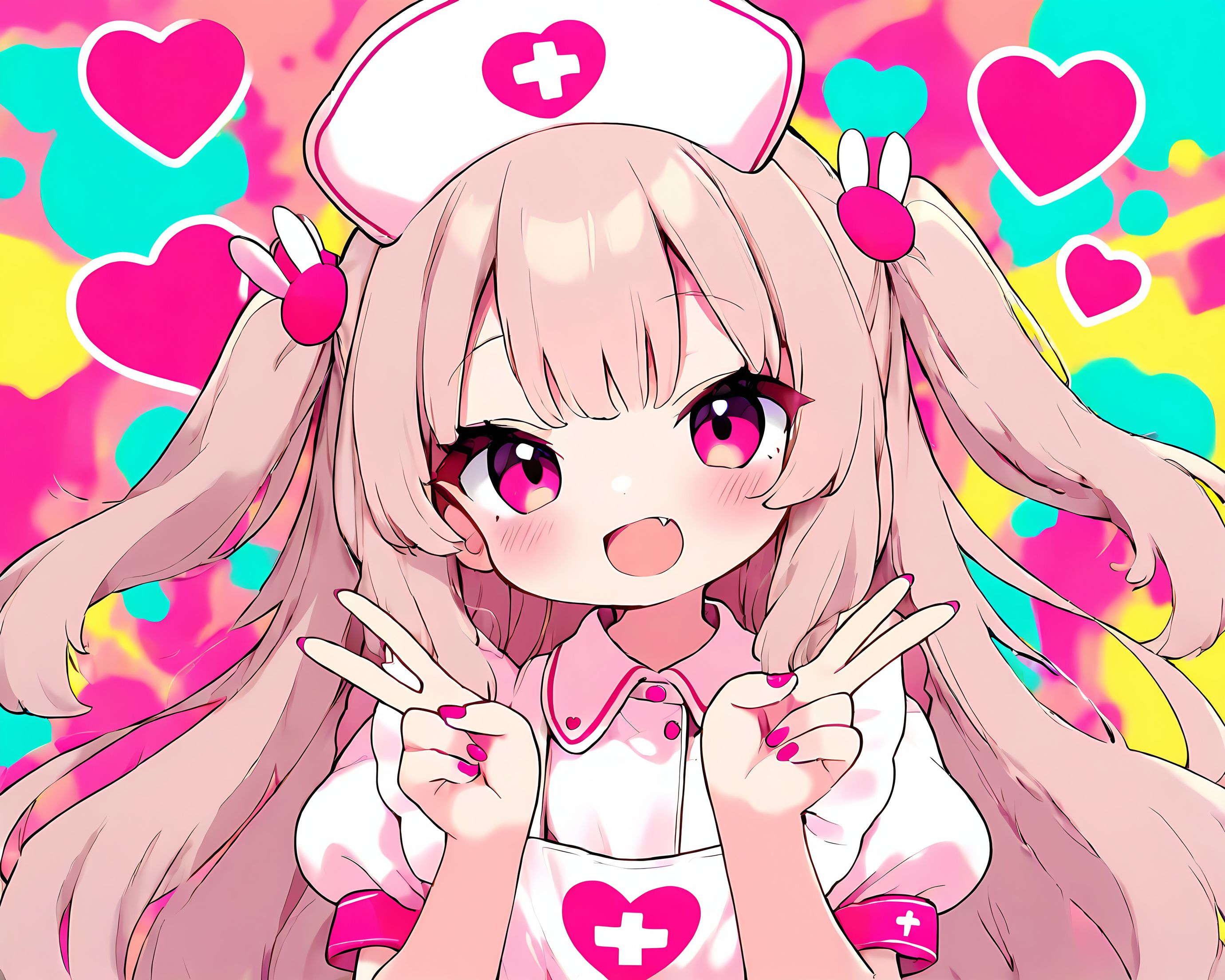 1girl,solo, pink eyes,light brown hair,long hair,two side up,bunny hair ornament,hair ornament,hat,nurse cap,nail polish,pink nails,shirt,puffy short sleeves,apron, abstract background,upper body, blush,smile,open mouth,fang,looking at viewer,heart,double v, <lora:locute_noob11_v3_original:1>