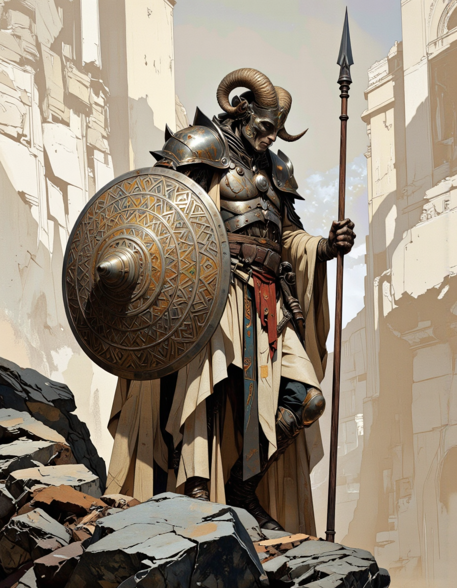 A highly detailed digital illustration with a dynamic, futuristic style. The central figure is a humanoid warrior, depicted in a dynamic pose, standing on a rocky outcrop. The warrior is armored in a mix of metallic and organic materials, with a helmet that resembles a ram's head, complete with horns. The armor is intricate, with sharp edges and a weathered texture, suggesting a long history of use.
The warrior is armed with a long spear, which he holds in one hand, while the other hand rests on a shield decorated with an intricate geometric pattern. The shield is metallic and appears to be part of the warrior's armor.
The illustration combines elements of fantasy and science fiction, with an emphasis on detailed, realistic textures and a dynamic, action-packed composition.