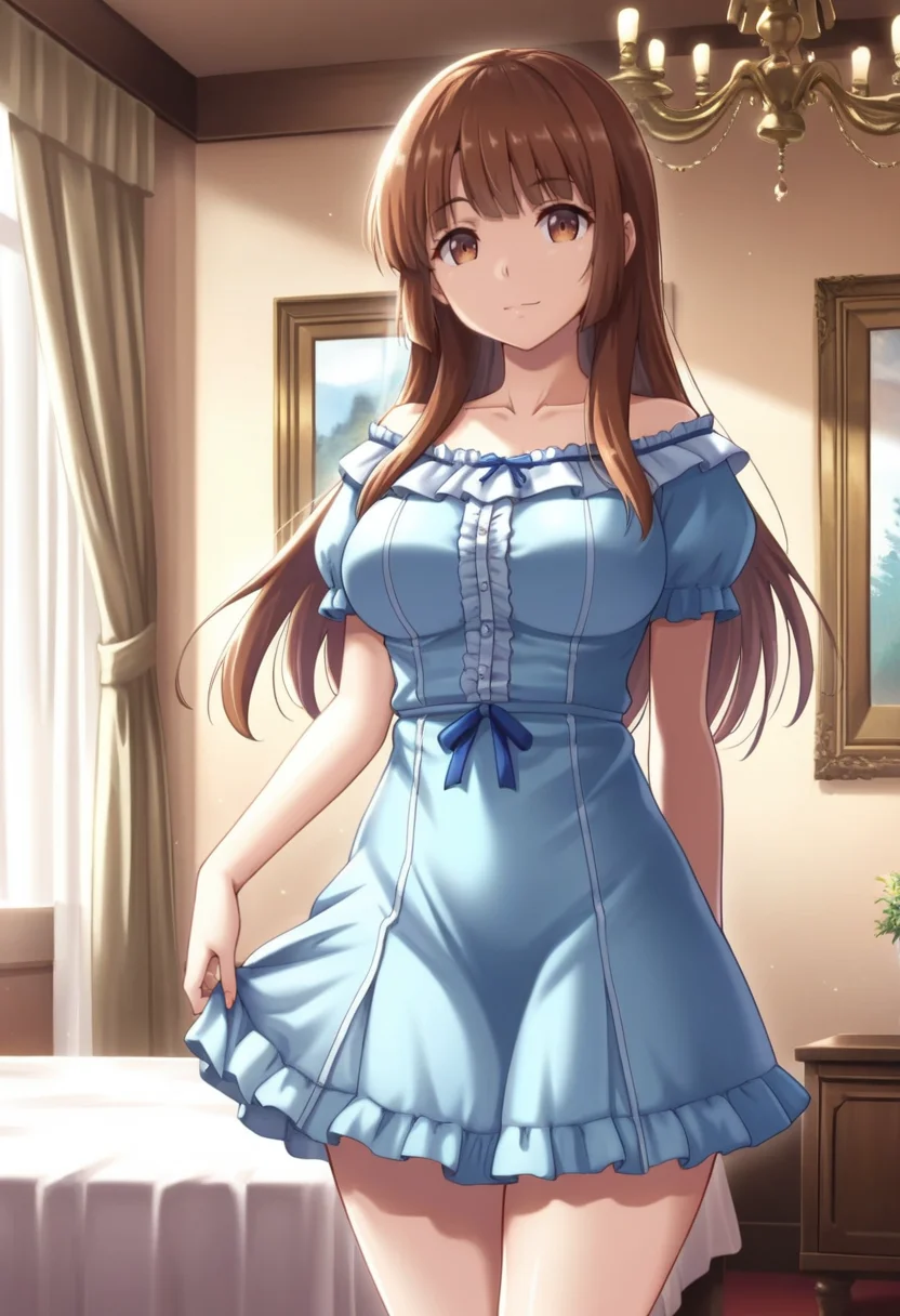 masterpiece, best quality, amazing quality,ayumi nonokura, brown eyes, brown hair, long hair, 1girl, solo,breasts,blue dress,collarbone,standing, looking at the viewer, cowboy shot, indoors, curtains, chandelier <lora:ayumi nonokuraV1:0.9>