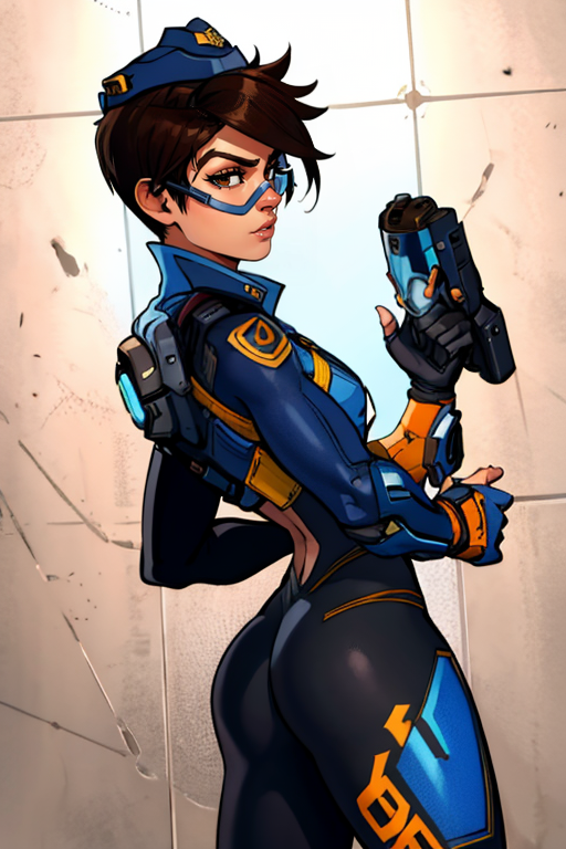 masterpiece,best quality,extreme detail,8k,image sharpness,<lora:Tracer-10:0.8>,Tracer2,1girl,solo,short hair,brown hair,gloves,hat,ass,alternate costume,looking back,fingerless gloves,armor,uniform,official alternate costume,lips,bodysuit,goggles,headset,nose,garrison cap,tinted eyewear,police,police uniform,
