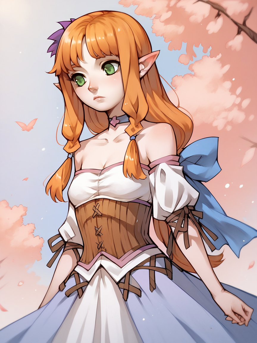 score_9, score_8_up, score_7_up, score_6_up, score_5_up,   <lora:ceciliaXLP:1> cecilia, green eyes, pointy ears, 1girl, solo, long hair, orange hair, corset, bare shoulders, choker, dress,