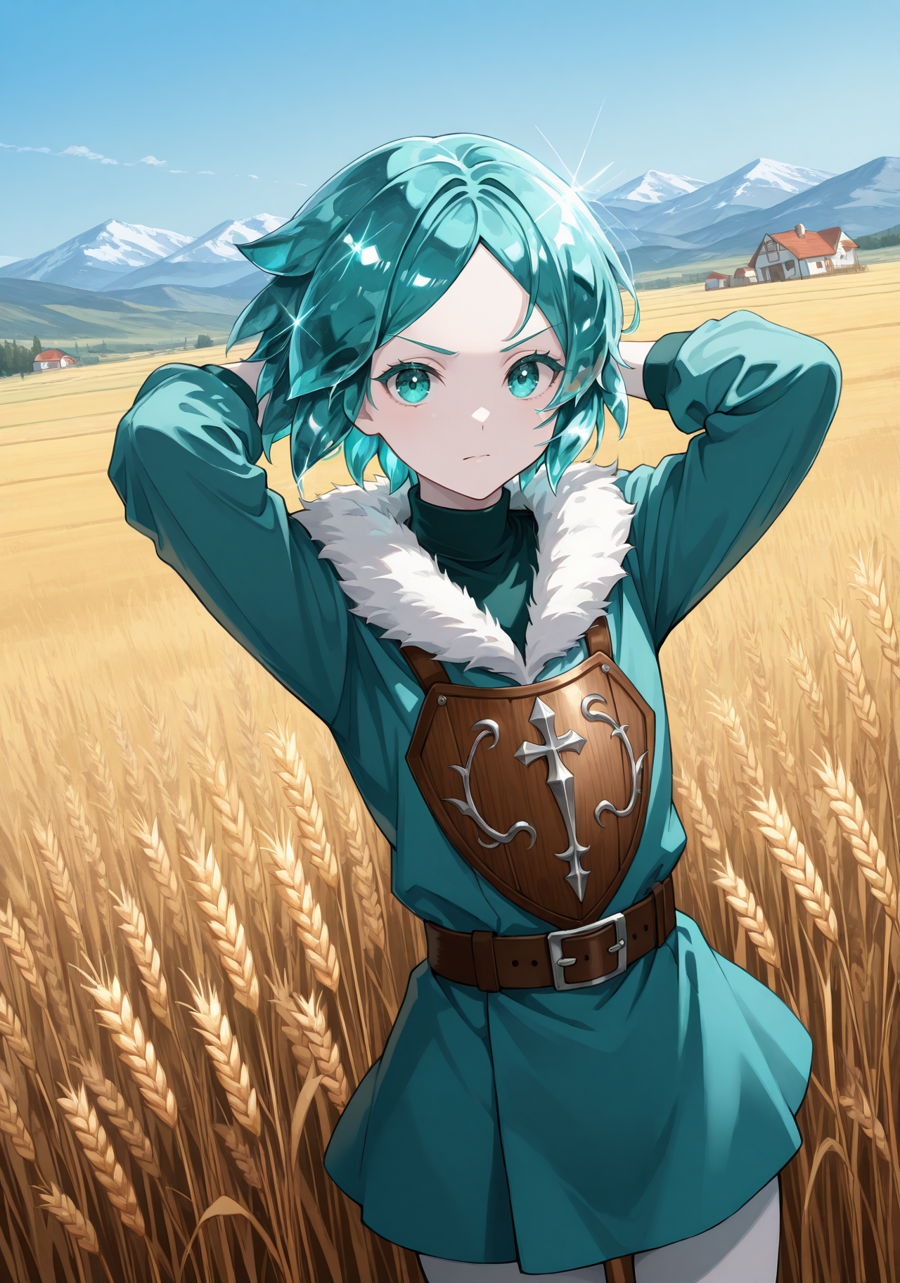 masterpiece, best quality, 1girl, solo, androgynous, ph0s, pale skin, colored eyelashes, crystal hair, aqua hair, short hair, parted bangs, viking, fur trim, armor, wheat field, outdoors, wind, arms behind head, cowboy shot, aqua eyes, belt, mountainous horizon, farm, house, scenery, landscape, looking at viewer, wheat, blue sky, dutch angle, v-shaped eyebrows, closed mouth