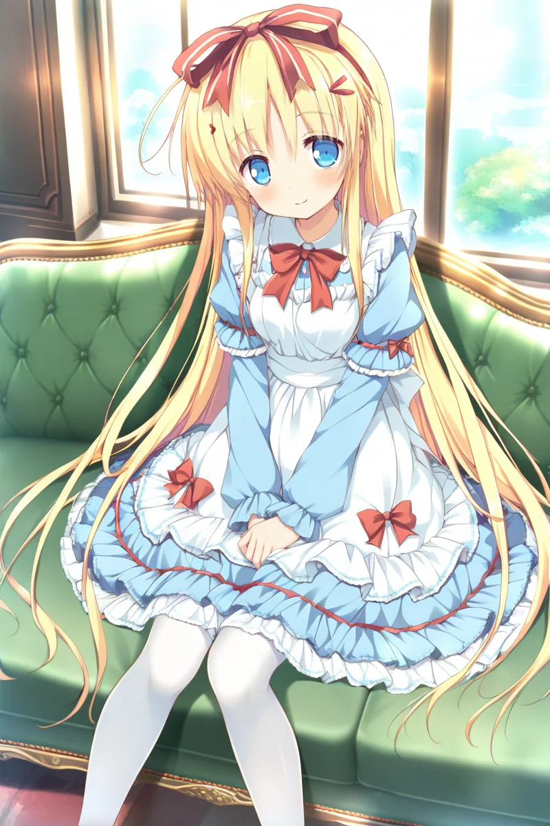 masterpiece,best quality,amazing quality,highres,scenery,newest,1girl,official style,anzu, blonde hair, blue eyes, hair ornament, long hair, hairclip,anzu alice, dress, pantyhose, white pantyhose, bow, alice \(alice in wonderland\), ribbon, apron, hair bow, red bow, blue dress, hair ribbon,<lora:anzu-000026:1>,indoors,bedroom,sofa,smile, looking at viewer,sitting,hand on lap